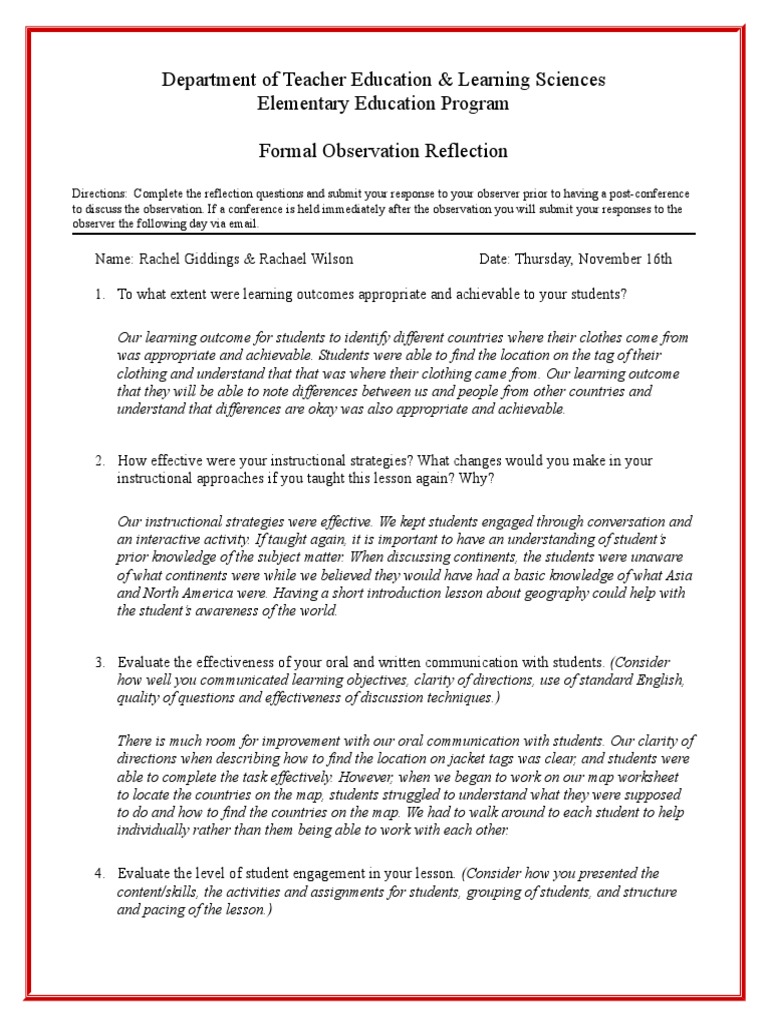 Postobservationreflection | PDF | Lesson Plan | Teachers