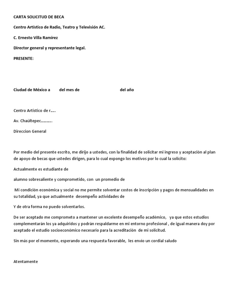 Carta Solicitud De Beca Centro Artístico de Radio, Teatro