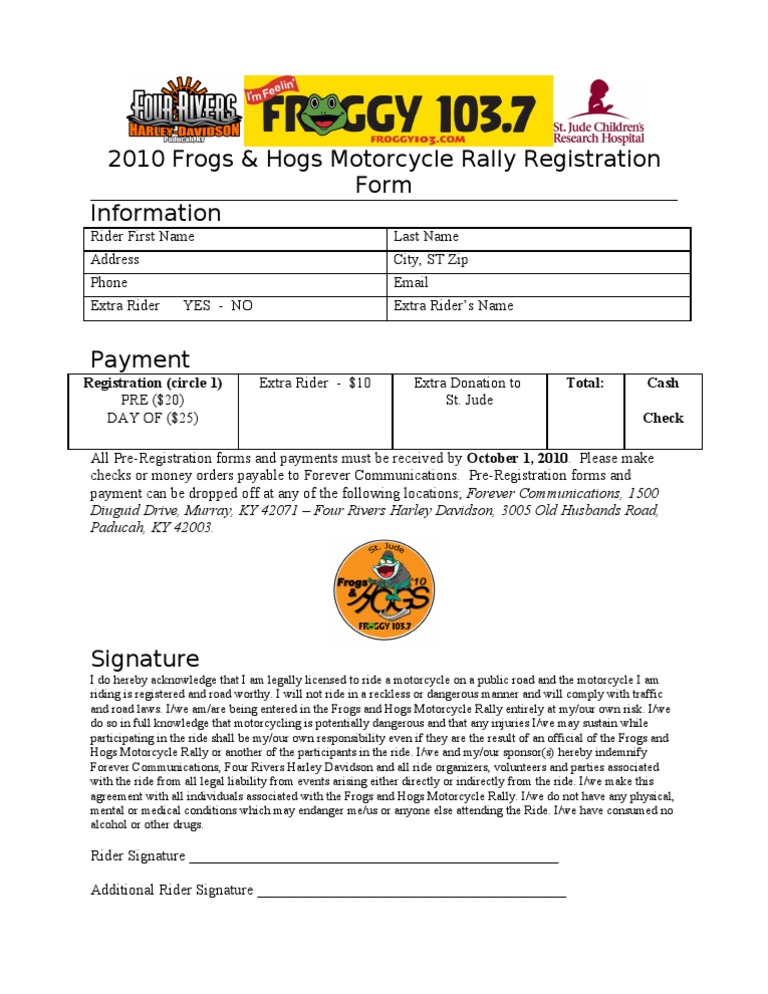 Frogs & Hogs Rally Registration Form | PDF