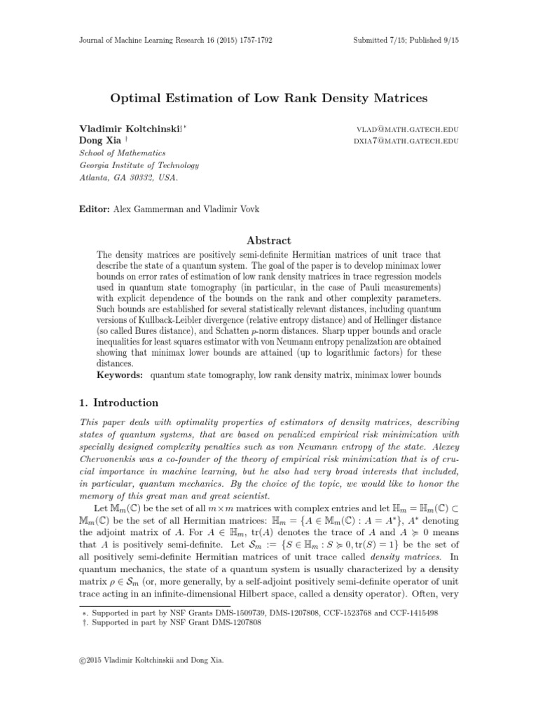 Optimal Estimation of Low Rank Density Matrices: Vladimir Koltchinskii ...