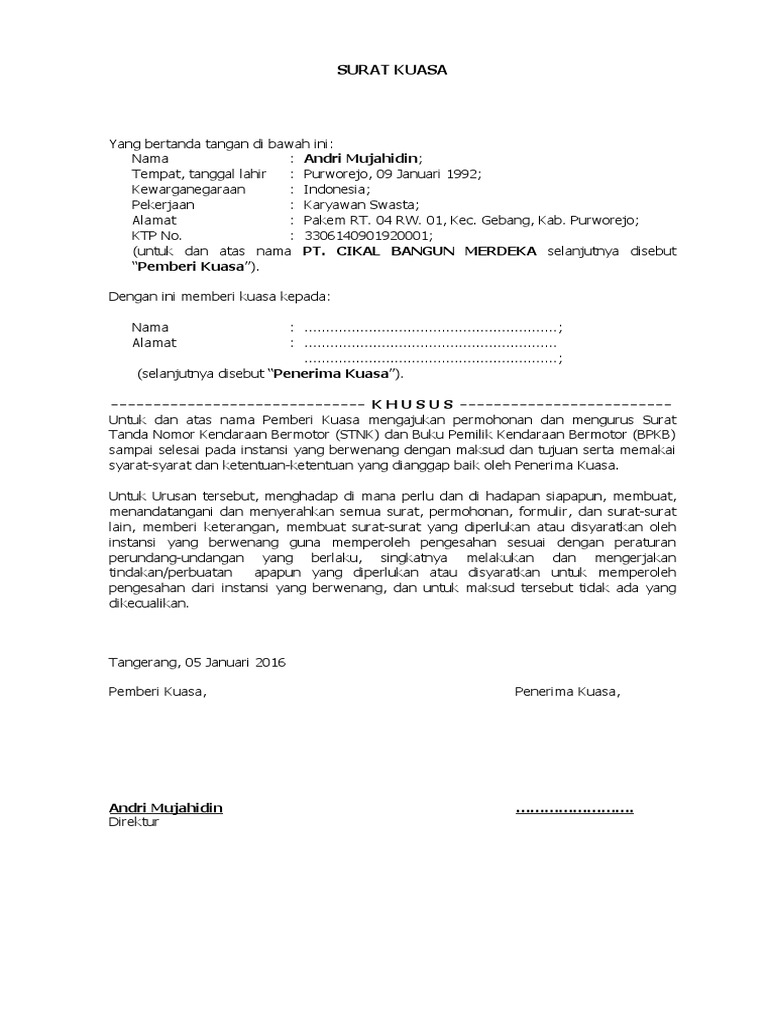 Contoh Surat Kuasa Dari Pemilik Stnk Simak Gambar Berikut