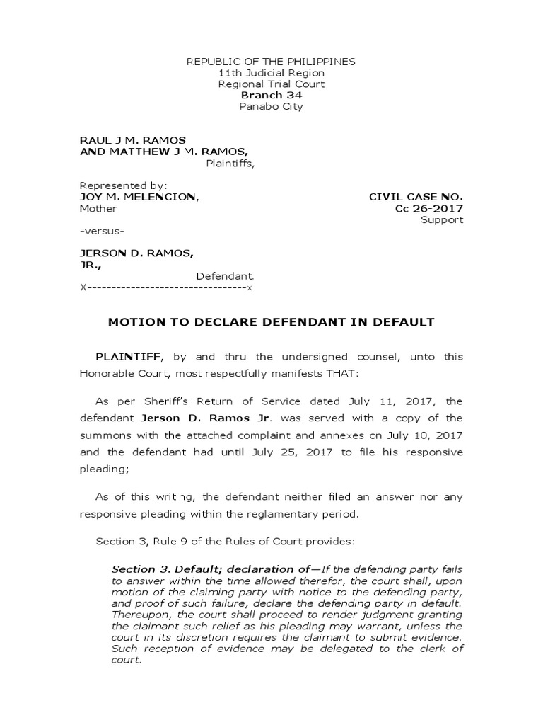 Motion to Declare in Default Pleading Courts