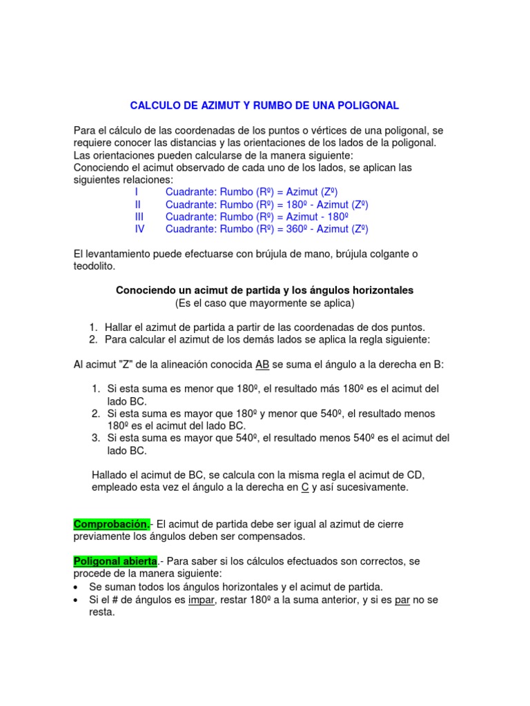Cálculo de Azimut y Rumbo en Poligonales | PDF | Azimut | Navegación