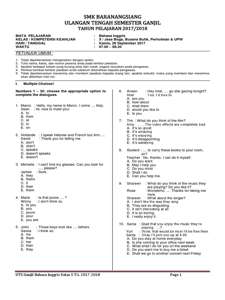 Soal Uts Ganjil Bahasa Inggris Kelas 10 Thn 2017 2018 Olahraga Rekreasi