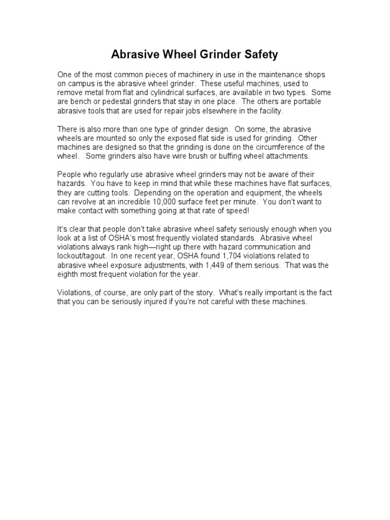 Abrasive Wheel Grinder Safety PDF Grinding (Abrasive Cutting