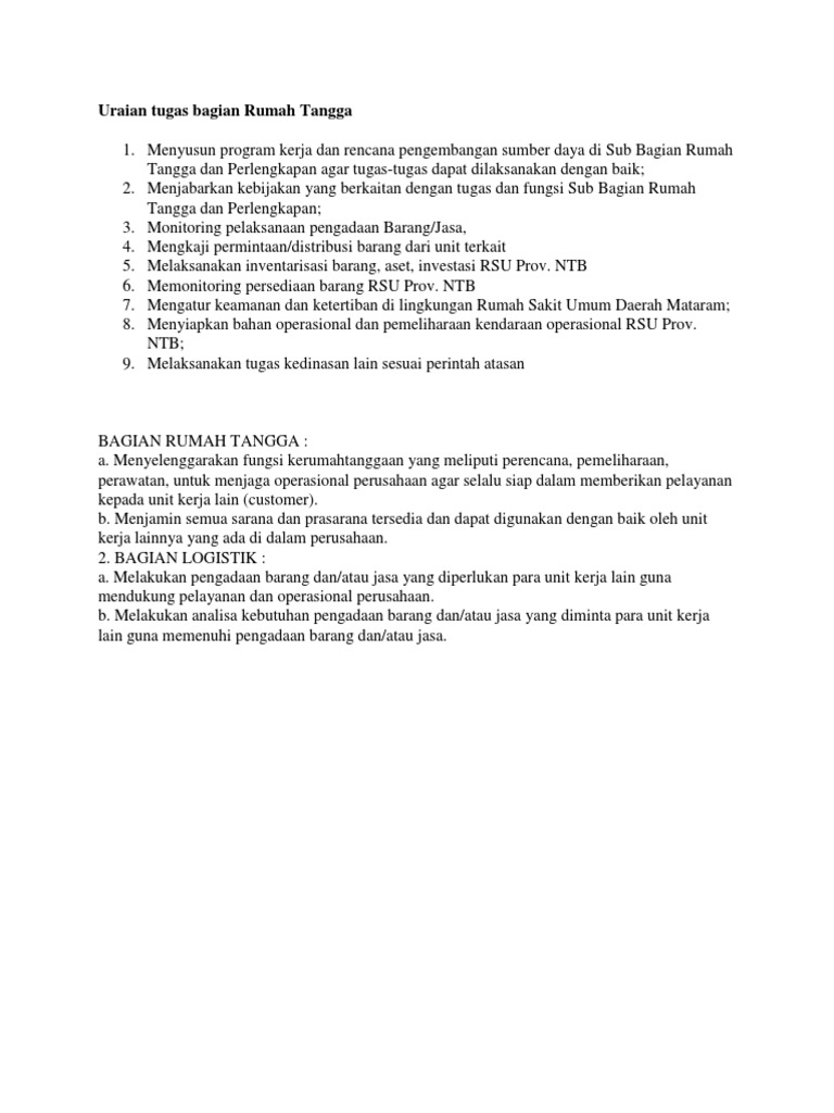 Uraian Tugas Bagian Rumah Tangga