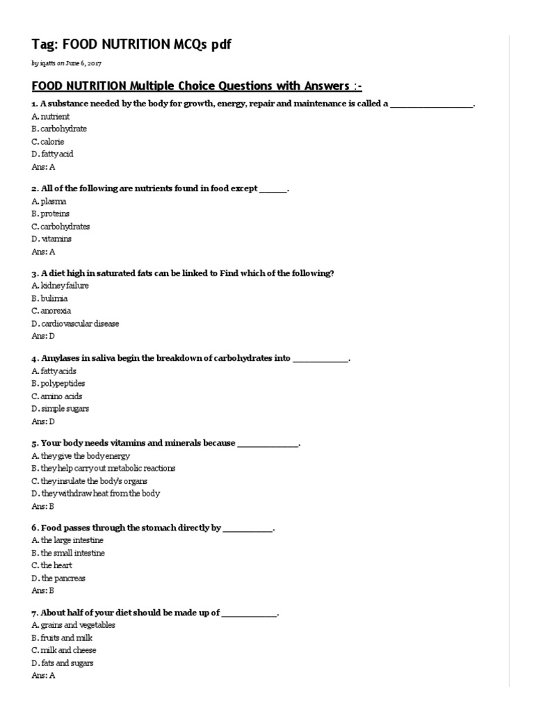 Food Nutrition Mcqs PDF 2017 Nutrition Vitamin