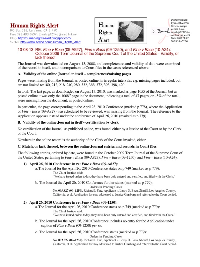 10-08-13 RE: Fine V Baca (09-A827), Fine V Baca (09-1250), and Fine V Baca  (10-A24) at The Supreme Court of The United States - October 2009 Term  Journal - Validity, or Lack