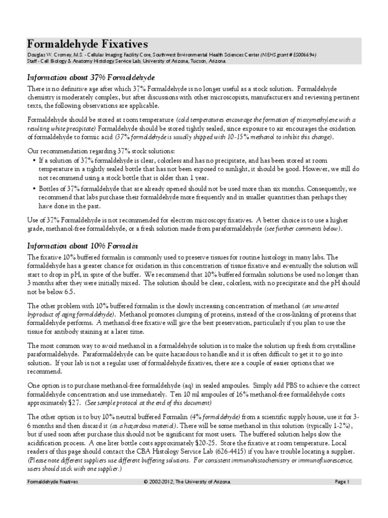 Formaldehyde Download Free PDF Fixation (Histology) Formaldehyde