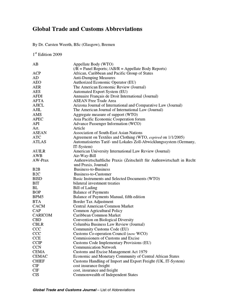 Global Trade and Customs Abbreviations 1 Edition 2009 PDF World