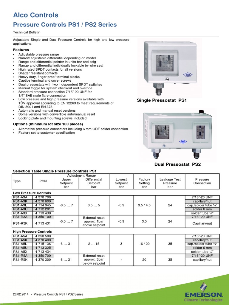 Alco Controls Pressure Controls PS1 / PS2 Series PDF Switch