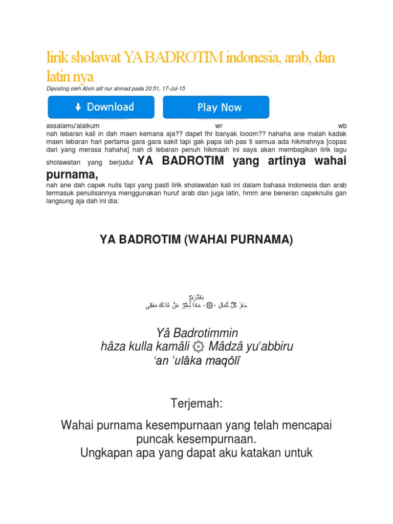 Lirik Sholawat Ya Badrotim Indonesia