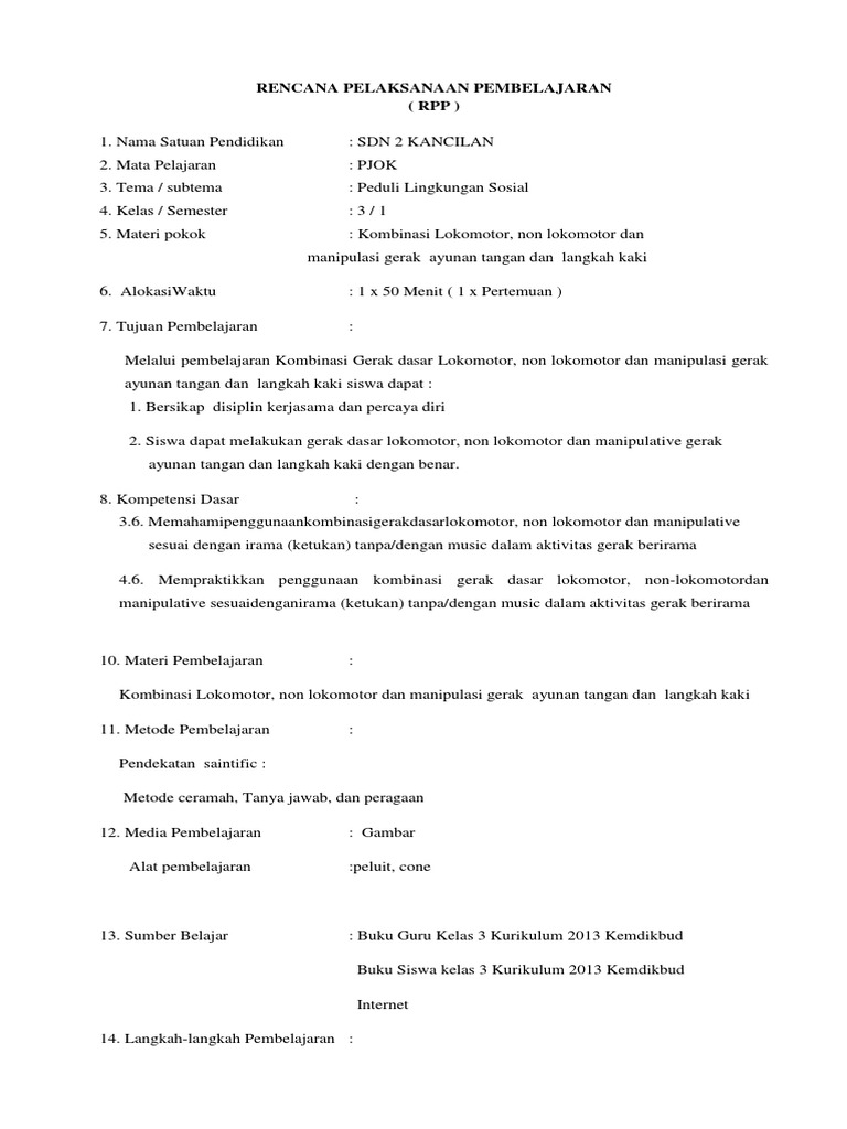 RPP PJOK Kelas 3: Gerak Lokomotor | PDF
