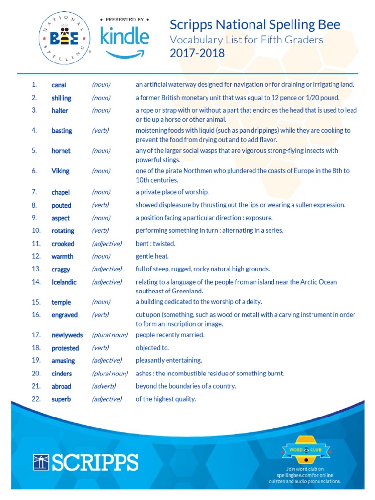 Spelling Bee Study List For Qualifying Bee Adjective Noun
