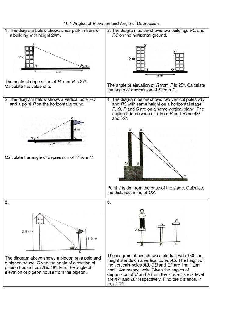Angles of Elevation and Depression Exercises | PDF