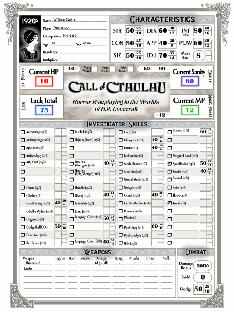 Character Sheet William Stutter | PDF | Leisure | Sports