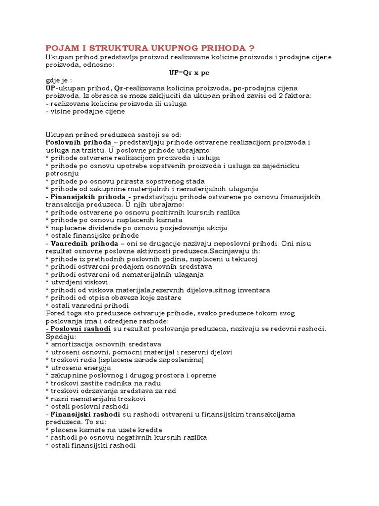 Pojam I Struktura Ukupnog Prihoda | PDF