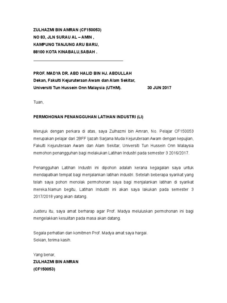 Contoh Surat Penangguhan Latihan Industri