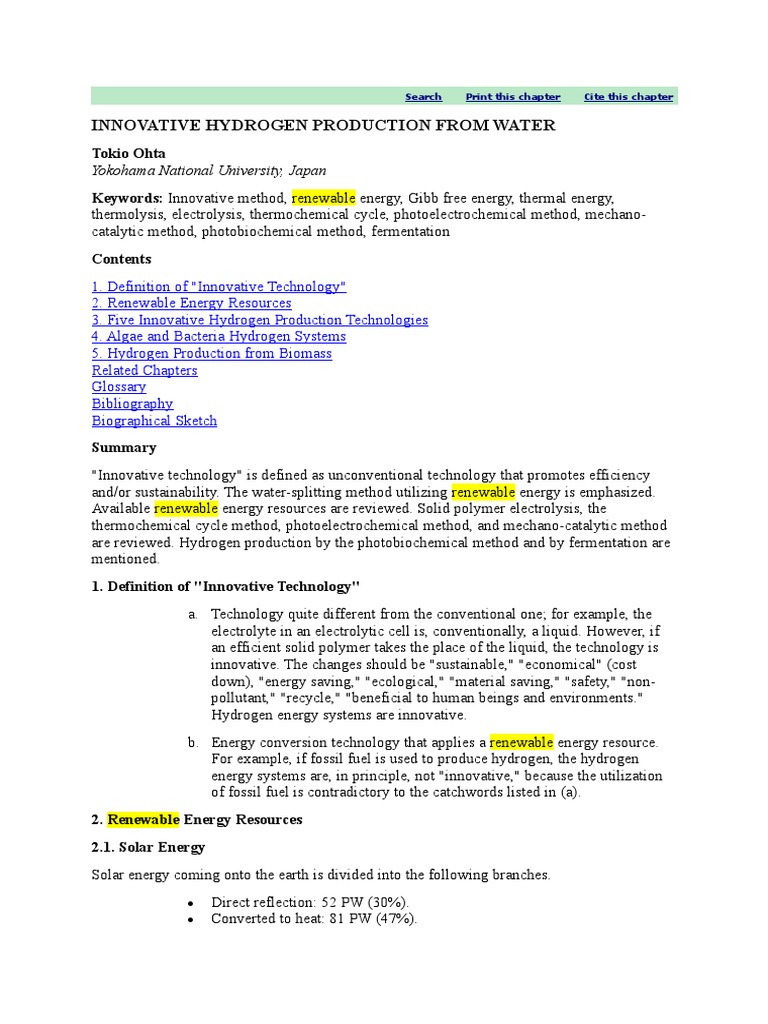 Innovative Hydrogen Production From Water | PDF | Properties Of Water ...