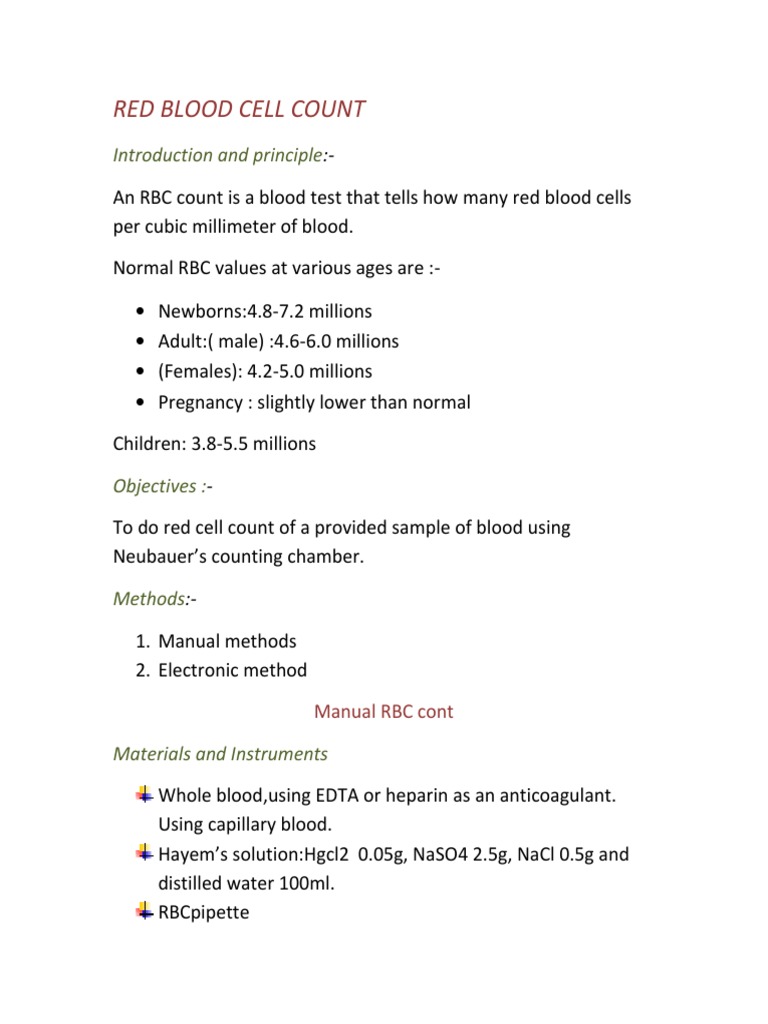 Manual RBC Count Procedure Guide | PDF | Anemia | Red Blood Cell