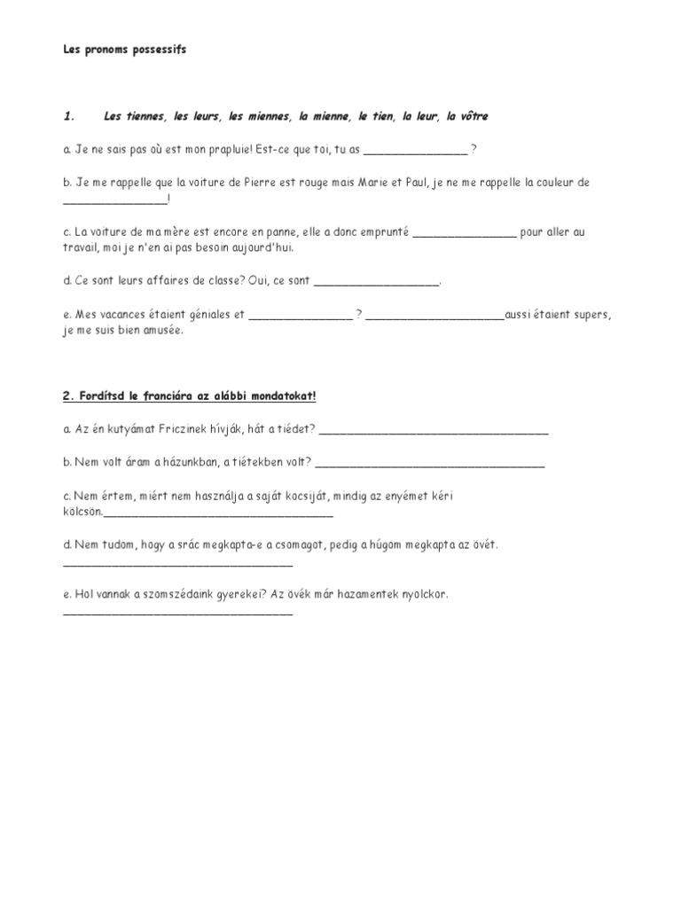 Exercices sur les pronoms possessifs | PDF | Arts du langage et discipline