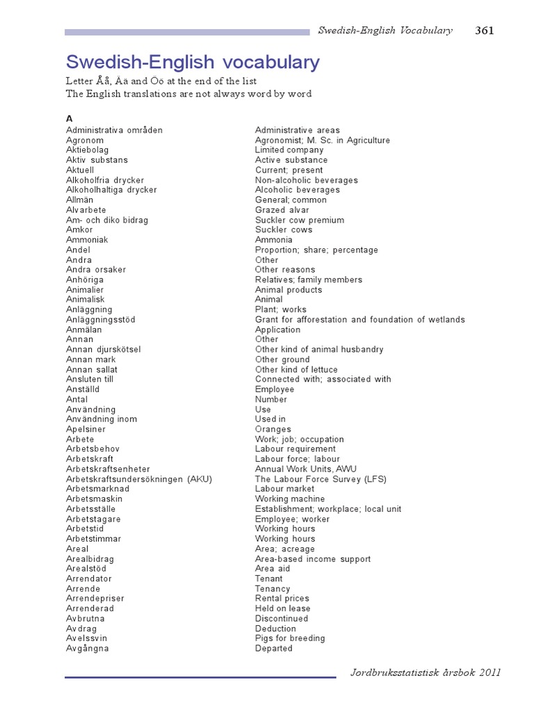 SwedishEnglish Vocabulary PDF PDF Fodder Dairy Cattle