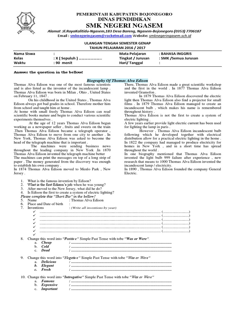 Uts Semester 2 Bahasa Inggris Thomas Edison Incandescent Light Bulb