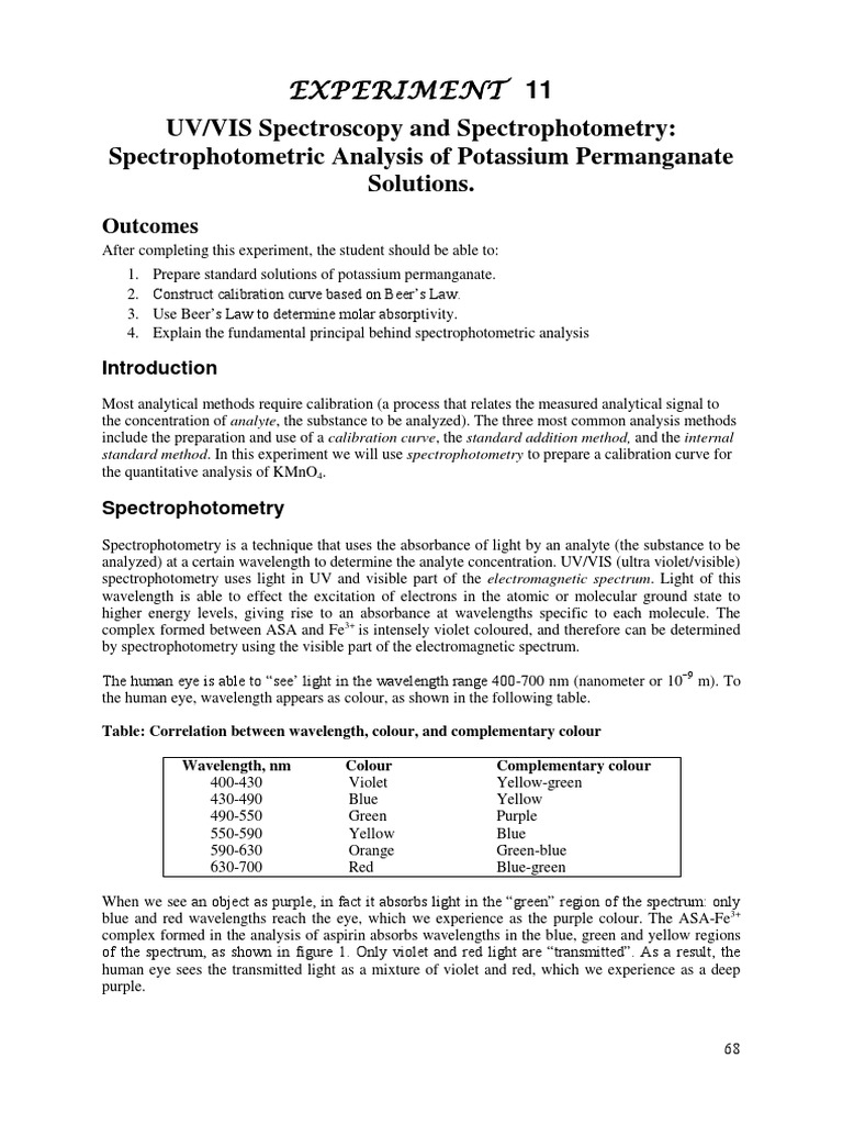 CHEM 103 Exp 11 Spectrophometry UV-Vis NEW PDF | PDF | Science ...