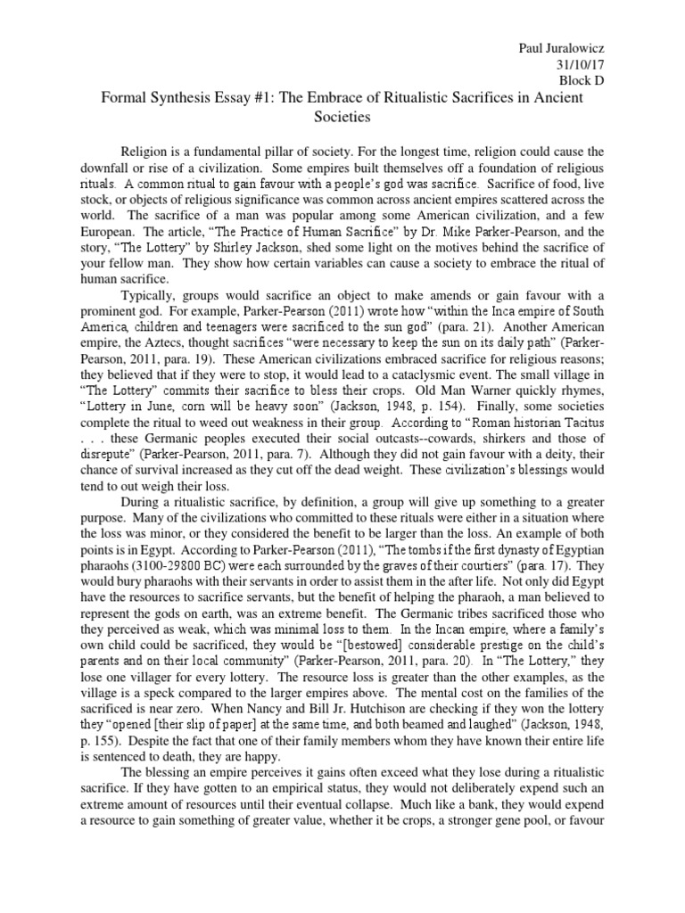 formal synthesis essay 1 Sacrifice Rituals