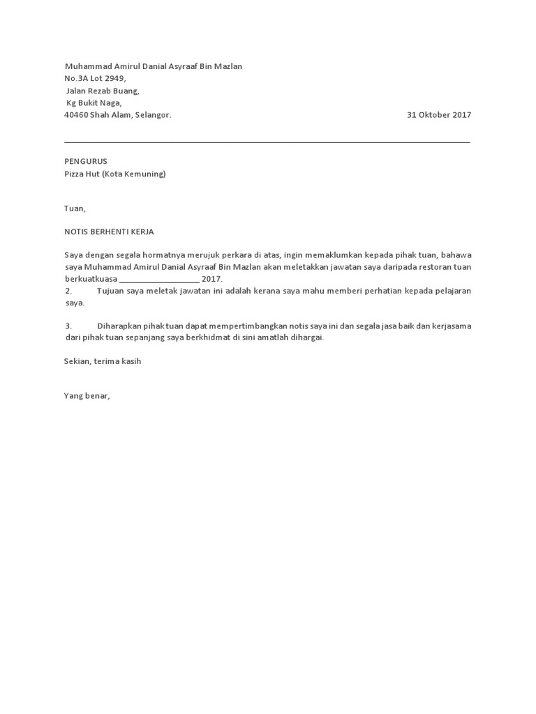 Surat Berhenti Kerja