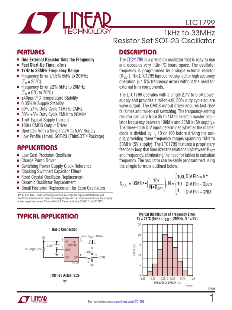 Features Description Ltc1799 1Khz To 33Mhz Resistor Set Sot23