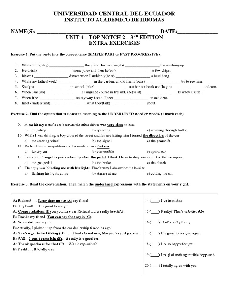 UNIT 4 ToP NOTCH 2 Ket Like Exercises PDF Car Automobiles