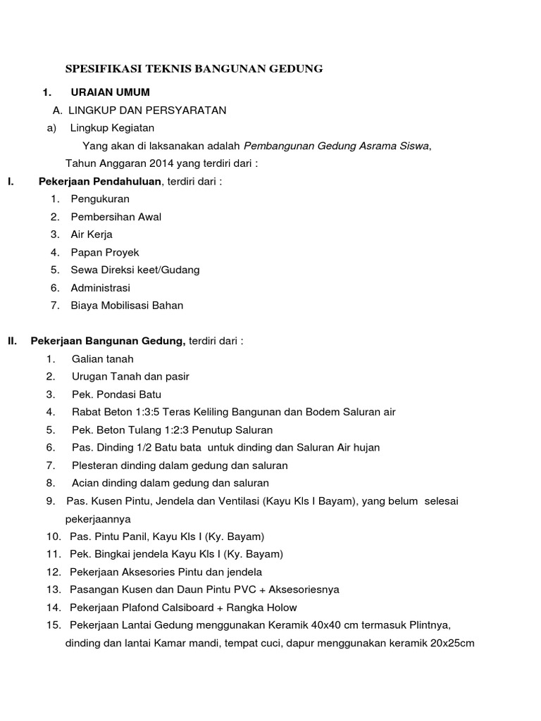 Spesifikasi Teknis Bangunan Gedung | PDF