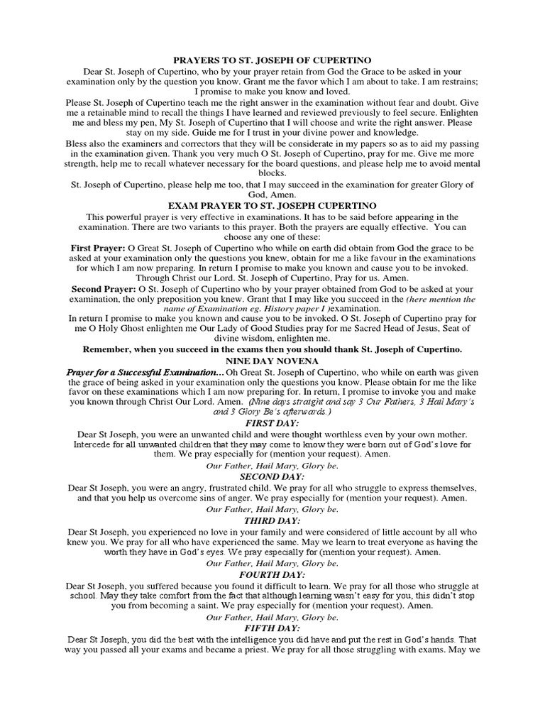 Prayers to St. Joseph of Cupertino Lord's Prayer Prayer