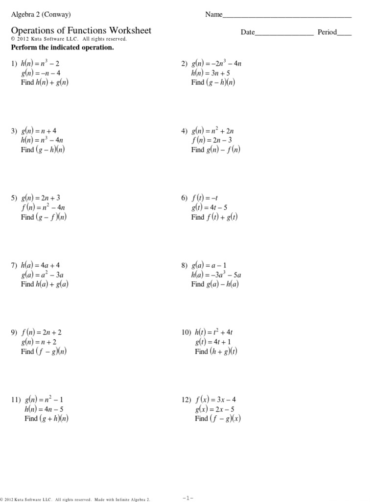 22.22.22 - Operations of Functions  PDF Throughout Operations With Functions Worksheet