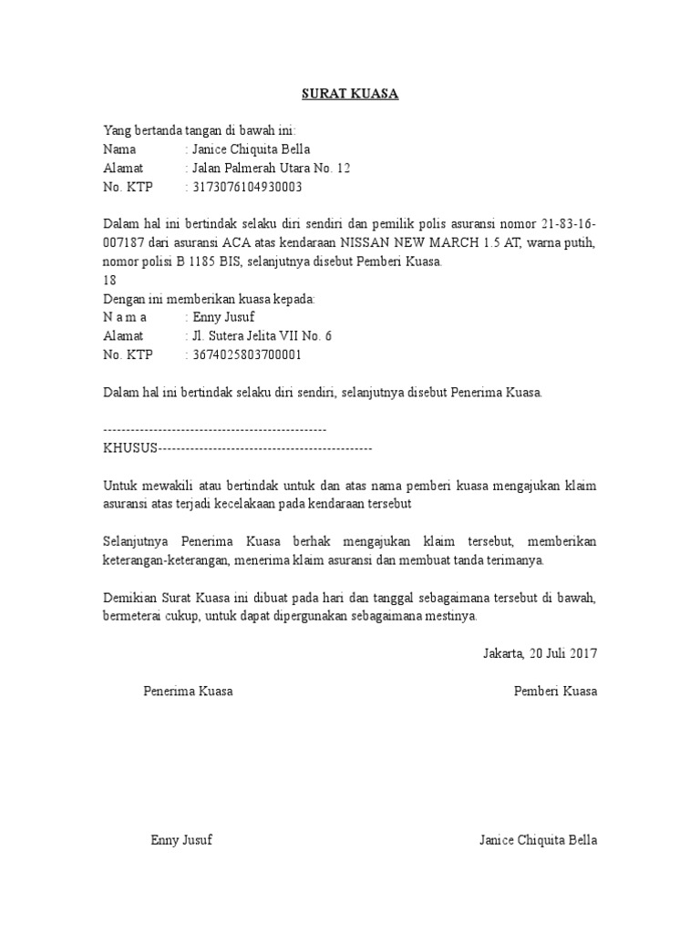 Surat Kuasa Klaim Asuransi