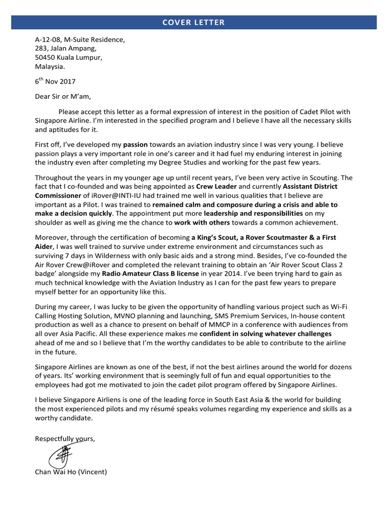 Cadet Pilot Cover Letter Business