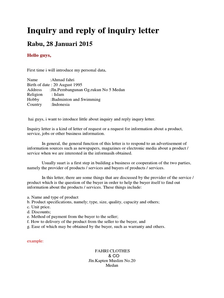 Inquiry and Reply of Inquiry Letter Inquiry Advertising