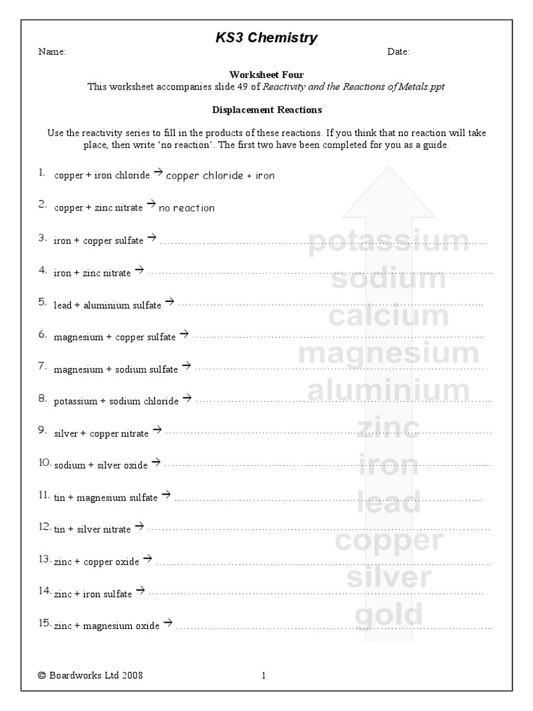 Reactivity and the Reactions of Metals Worksheet 4