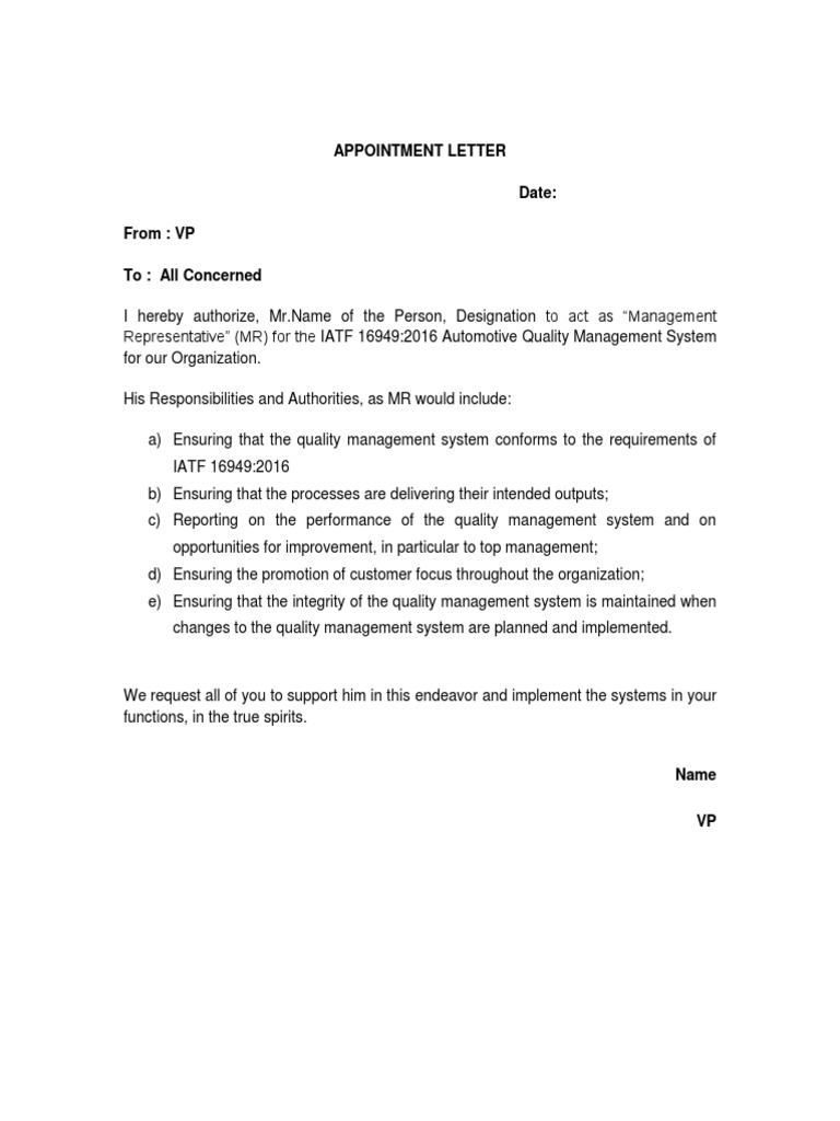 Mr Appointment Letter | Pdf | Quality Management | Quality Management System