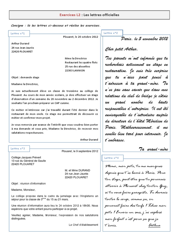 Exercices sur les lettres officielles | PDF