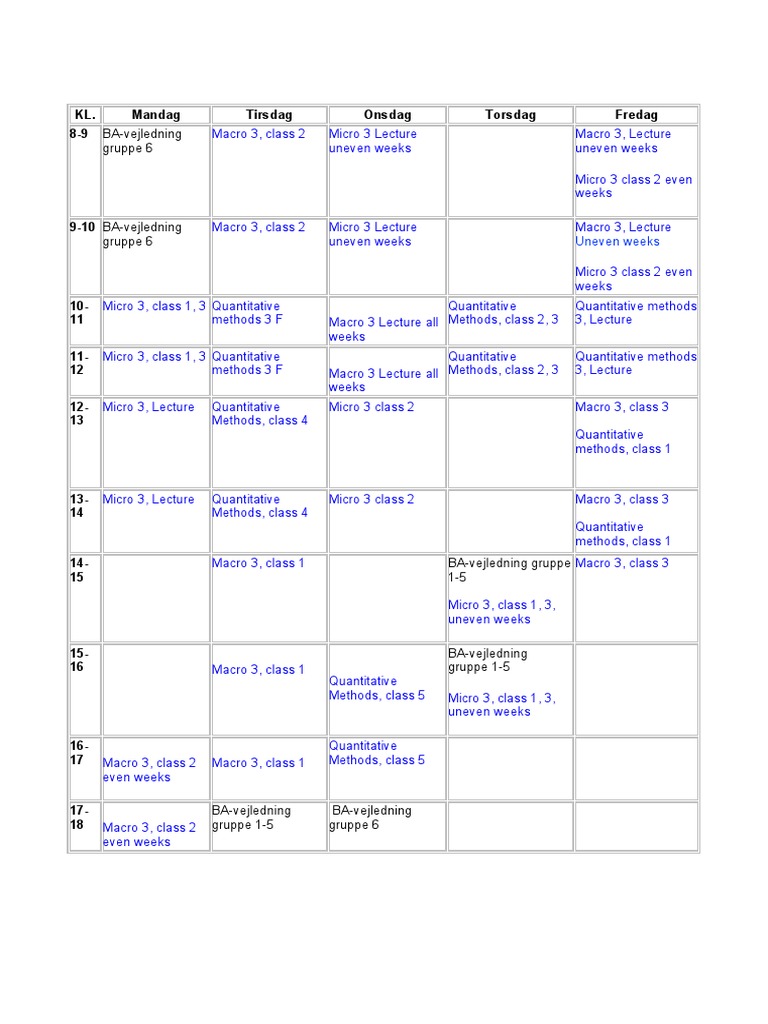 Weekly Class Schedule Overview | PDF