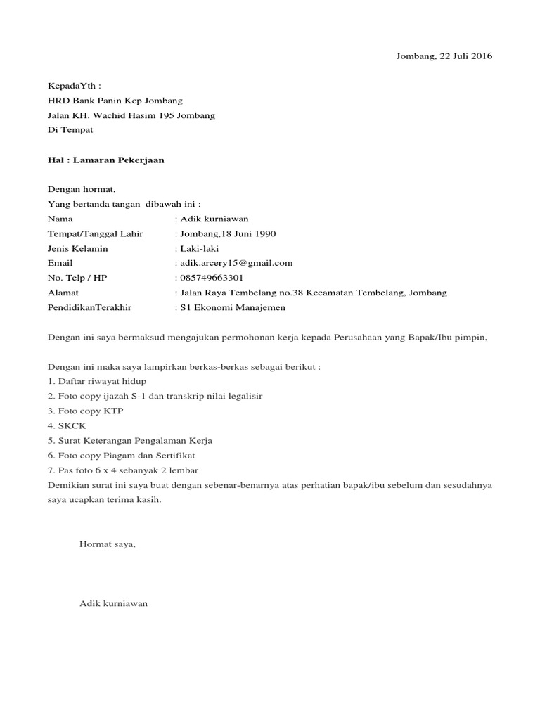 Surat Lamaran Bank Panin