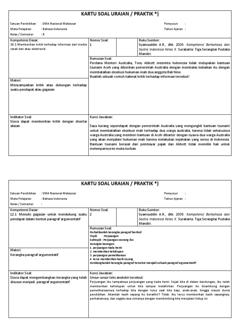 Contoh Kartu Soal Essay - Guru Paud