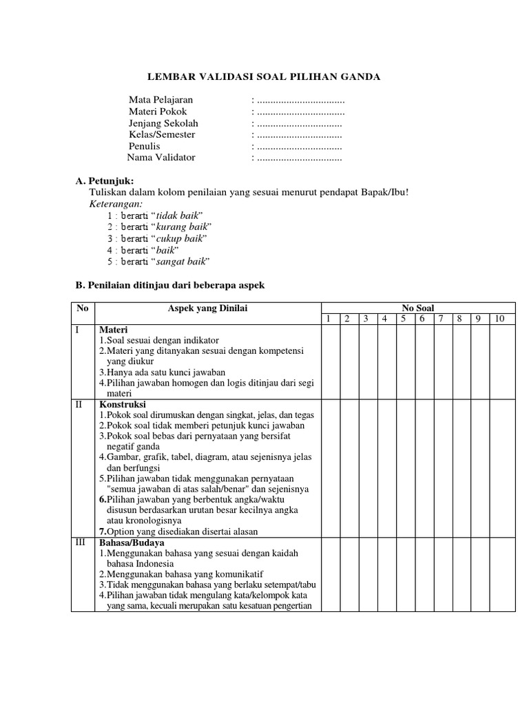 Lembar Validasi Soal Bentuk Pilihan Ganda Edit