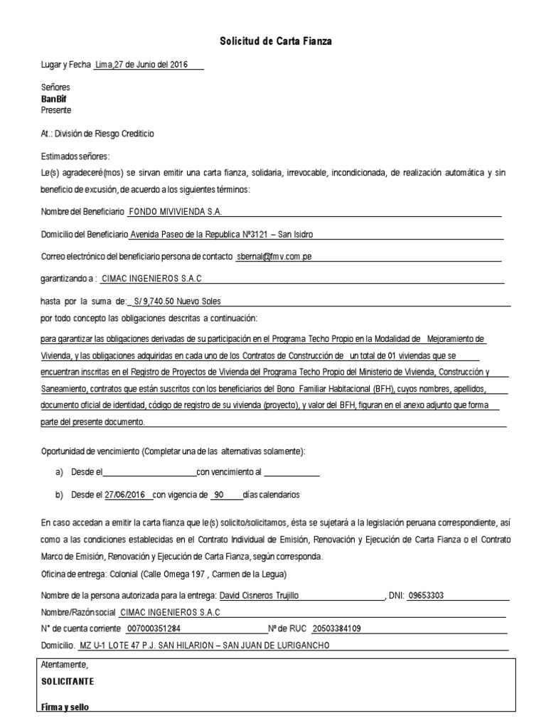 Solicitud De Carta Fianza 1 Bono X 01 Mejoramiento Pdf