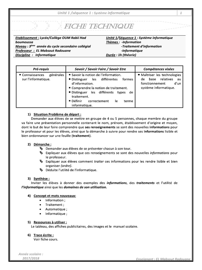 1 Fiche Pédagogique Information Traitement Informatique | PDF
