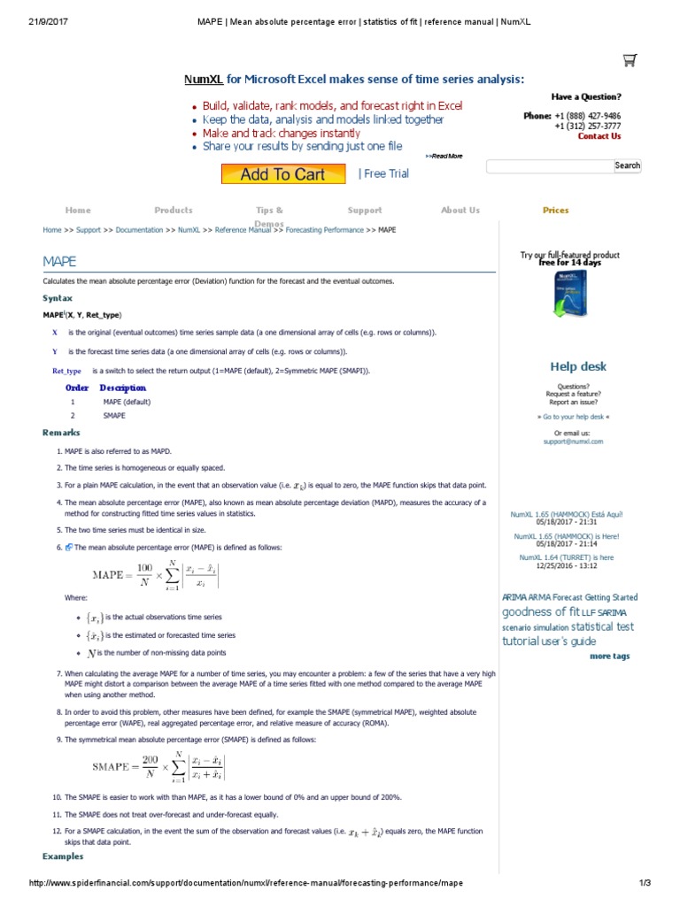 Mape Mean Absolute Percentage Error Statistics Of Fit Reference Manual Numxl Pdf Forecasting Time Series