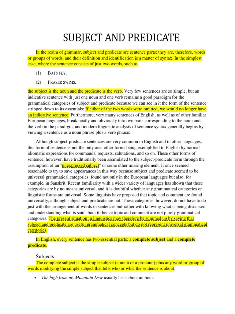 Subject And Predicate Subject Grammar Predicate Grammar