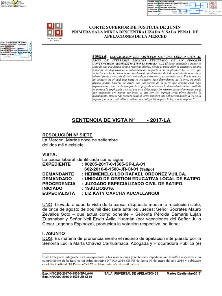 Sentencia de vista en GRADO DE APELACIÓN | Pagos | Derecho laboral